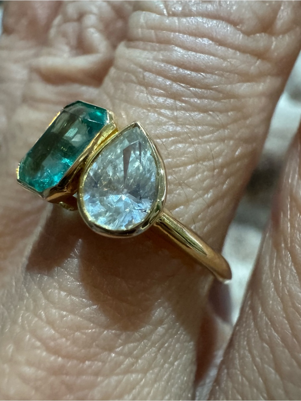 14K Yellow Gold Natural Emerald & Pear Cut Diamond Toi Et Moi Ring Size 6.5 - Picture 6 of 14